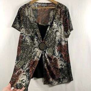 Womens Paisley Medallion Layered Top OX/XL Artsy Boho Western Bling Stretch